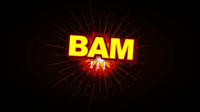 Comic book style BAM explosion text with yellow letters and red burst effect on black background