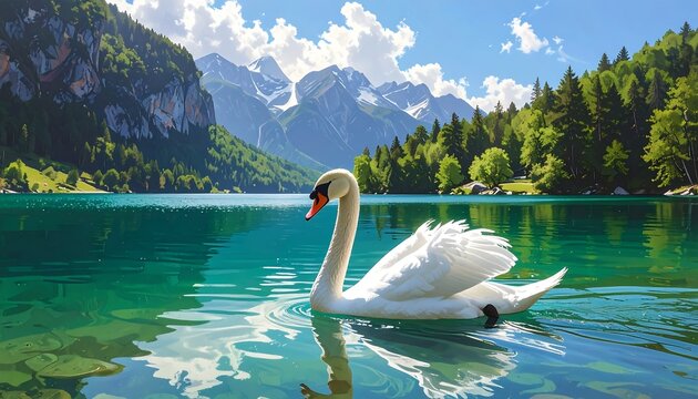 A serene image showcasing a swan gliding gracefully on a turquoise lake with mountains and lush forests in the background under a sunny sky