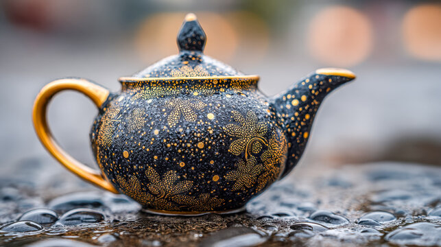 Ornate blue and gold floral teapot resting on wet stones