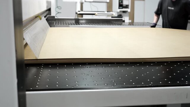 Factory worker loading large wooden panels into industrial woodworking cutting machine in production workshop.