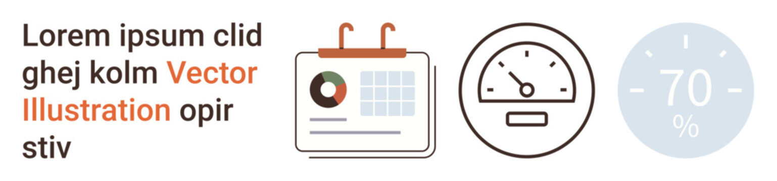 Project management, performance tracking, analytics tools, business efficiency, data visualization, monitoring progress. Calendar with chart, speedometer and 70 percent indicator. Performance