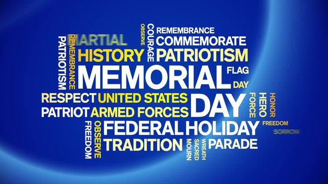 Memorial Day animated word cloud-text design animation tag kinetic typography seamless loop.