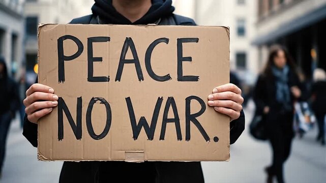 Person holds a 'Peace No War' sign B roll during a street demonstration in an urban environment, conveying a message of anti-conflict