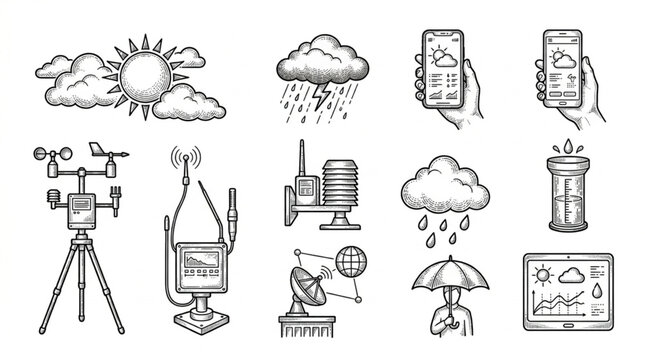 Collection of Weather Icons and Instruments Hand Drawn Sketch Style.