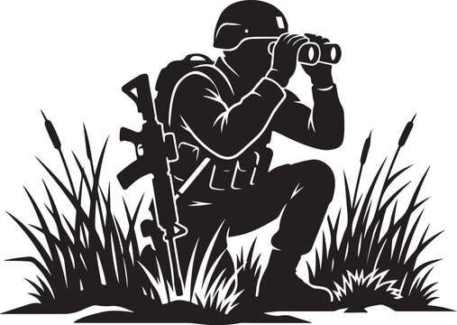 Military soldier, sniper, camouflage, black silhouette, vector illustration
