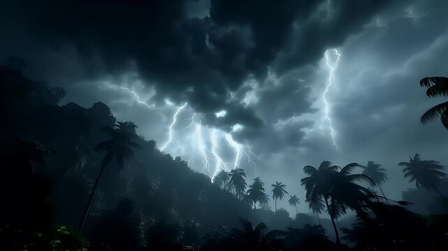 Fantasy wallpaper. A dramatic depiction of a tropical rainforest under a stormy sky. The sky is filled with dark, stormy clouds, and a bright lightning bolt is striking through them.