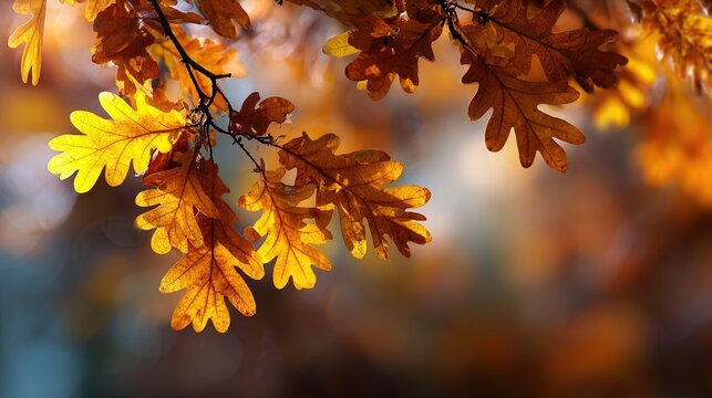 Autumn leaves on a tree branch with warm sunlight