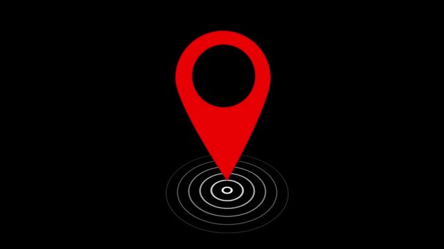 Animated red map location pin pulsing with concentric circles on a solid black background, digital navigation, gps tracking, travel apps, and modern user interface
