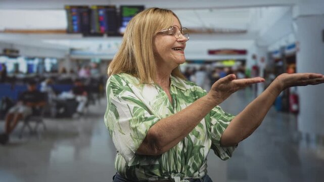 Senior woman with blonde hair smiles and holds palms up presenting empty hands in an airport terminal wearing a green leaf shirt; warm welcome joyful.