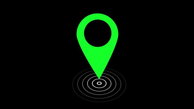 Animated green map location pin marker with pulsing radar circles for gps navigation, digital wayfinding, geographic tracking, travel logistics, and real-time geo-tagging interface