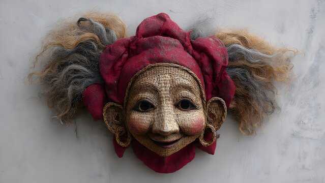Rustic Aesthetic Handmade Clown Mask with Whimsical Features and Textured Hair