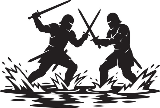Ninja warriors, black silhouette, fighting, sword battle, combat icons, vector graphics