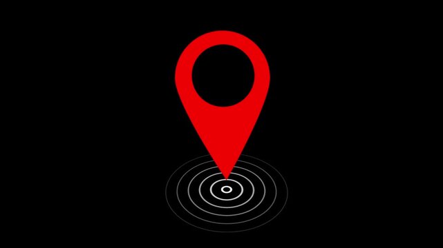 Animated red map location pin with pulsing radar signal rings isolated on black background, gps navigation, digital mapping, travel apps, logistics tracking, and geolocation ui