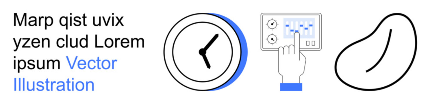 Time tracking, digital technology, interface interaction, organic forms, productivity, minimalism. Clock icon, digital control panel bean-shaped object. Time tracking and digital technology