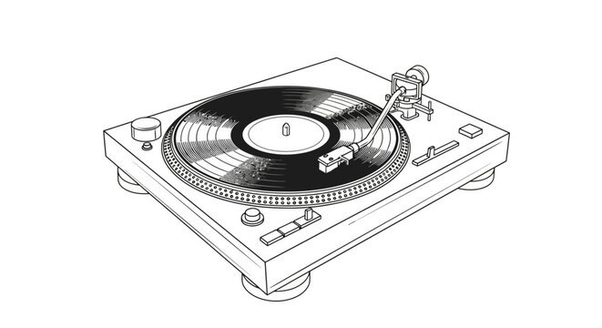 Classic vinyl record player turntable line art illustration