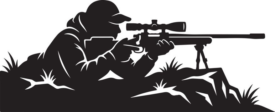 Black silhouette hunter, sniper rifle, hunting icon, vector illustration