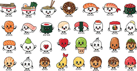 Mega bundle of cute kawaii Japanese food characters featuring sushi, ramen, tempura, takoyaki, and matcha ice cream in a flat cartoon mascot style for Asian cuisine branding. © MdJillur