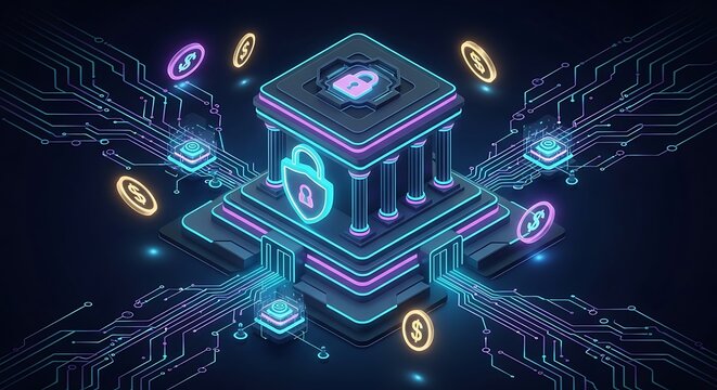 Digital financial vault shines with neon security padlock and floating currency icons over a complex motherboard. Perfect for fintech banking presentations.