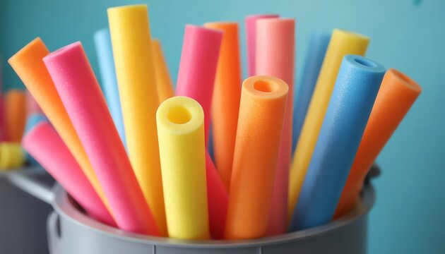 Colorful pool noodles in bucket, bright yellow, orange, pink, blue, fun summer activity concept