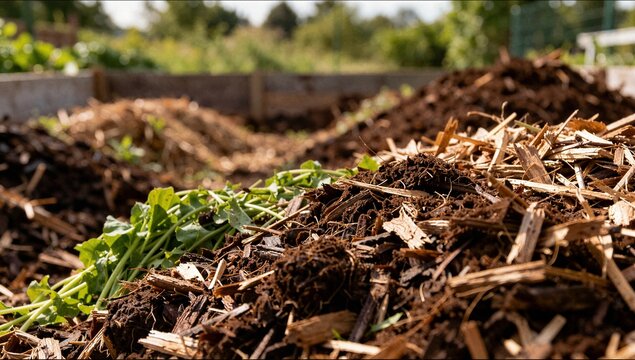 Close up of organic mulch and compost pile with wood chips for soil enrichment permaculture and sustainable gardening practices