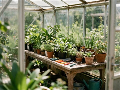 Variety of potted herbs and plants on wooden workbench inside glass greenhouse for plant nursery gardening workshop and floral shop