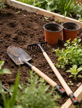 Garden tools with shovel and rake in raised wooden bed with rich soil for spring planting and home gardening hobby concept