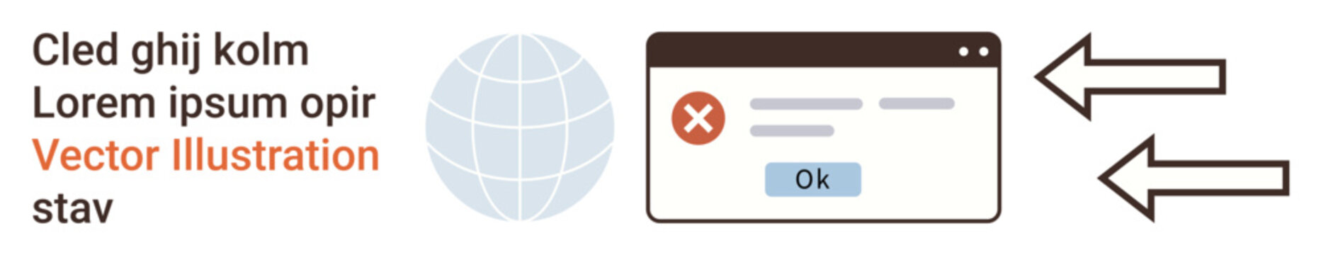 Online navigation, error handling, web security, user experience, troubleshooting, internet issues. Globe, error popup arrows point sideways. Online navigation and error handling concept
