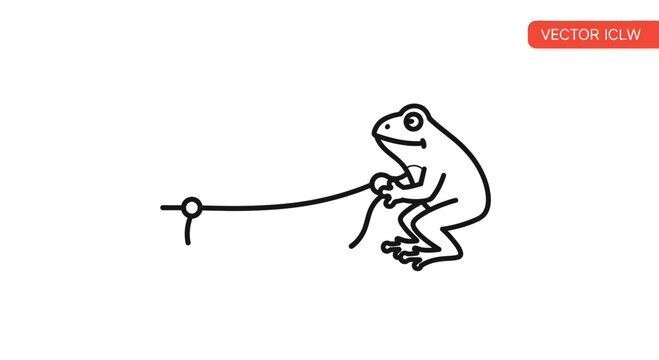Funny frog fishing with a stick and a string, cartoon style, isolated on white background