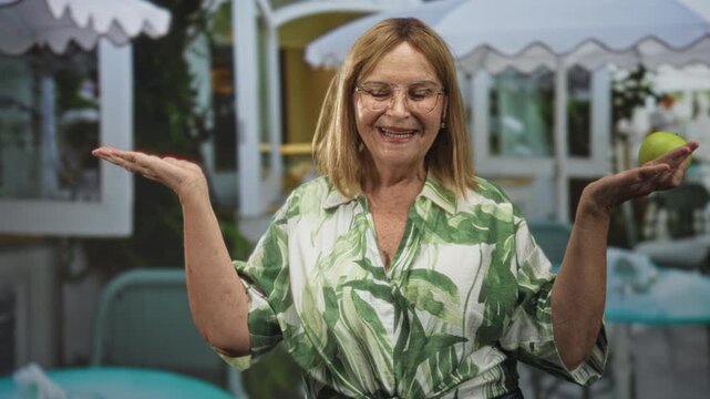 Senior woman smiling holds a green apple in one hand with palms up gesture while wearing leaf print shirt at a street cafe; cheerful wellbeing.
