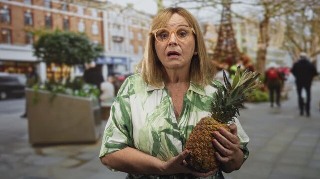 Middle age blonde woman holds pineapple with both hands, mouth open and startled expression on a city street; surprise uncertainty.