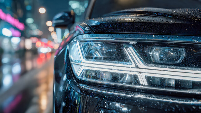 Modern black car headlight glistening with rain drops on a vibrant rainy city street illuminated by colorful neon lights at night