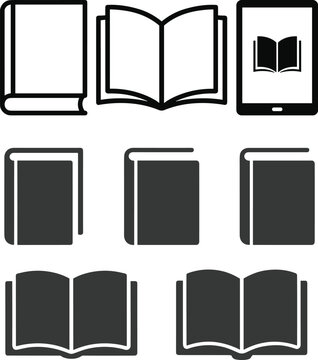Book icons set including open book closed book and ebook reader symbols in line and solid style