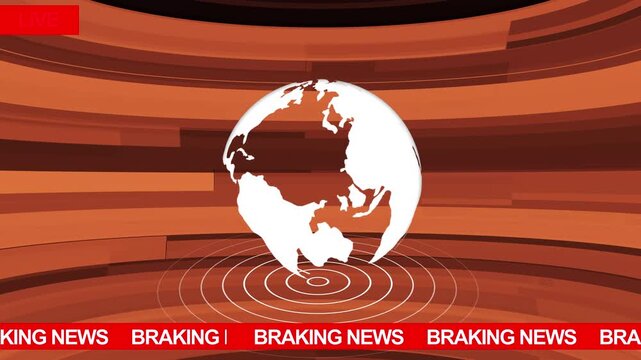 Breaking news broadcast background, featuring a rotating, 3 d earth, globe animation with, dynamic red ticker, tape and live, stream overlay for, television media production, and journalism