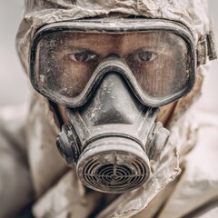 Fototapeta premium Determined person wearing a protective gas mask and suit covered in dust for hazardous environment safety and contamination prevention measures