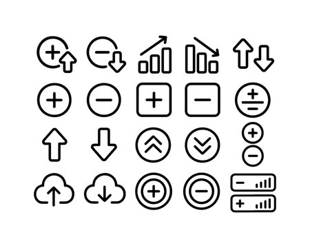 Finance and analytics icons: growing and falling charts plus and minus symbols cloud uploads up arrow down arrow cloud upload cloud download zoom in zoom out analytics increase