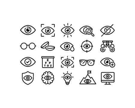 Ophthalmology and vision icons set. eye exam vision test eyeglasses contact lenses eye surgery eye disease vision care brain light bulb with vision correction eye drop vision health eye chart