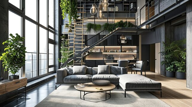 Spacious Modern Industrial Loft Interior Featuring Large Floor-to-Ceiling Windows and Lush Indoor Plants