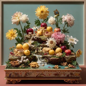 Elegant still life with flowers, fruits, and a miniature water feature