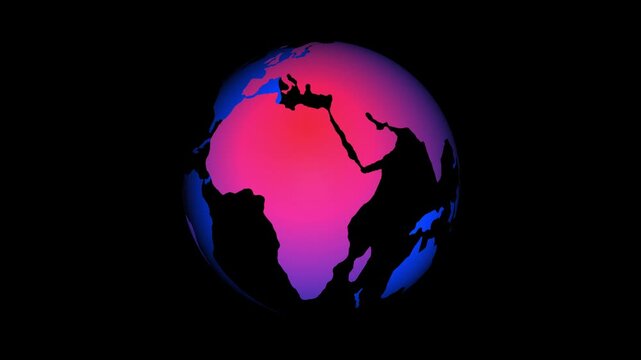 Rotating 3 d planet earth globe animation featuring vibrant neon blue and magenta gradient color mapping isolated on a solid black background, for modern digital, communication and global