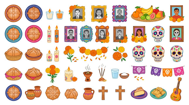 An assortment of Ofrenda altar decorative elements icons featuring food, drinks, flowers, portraits, skulls, and crosses arranged in a vibrant collection.