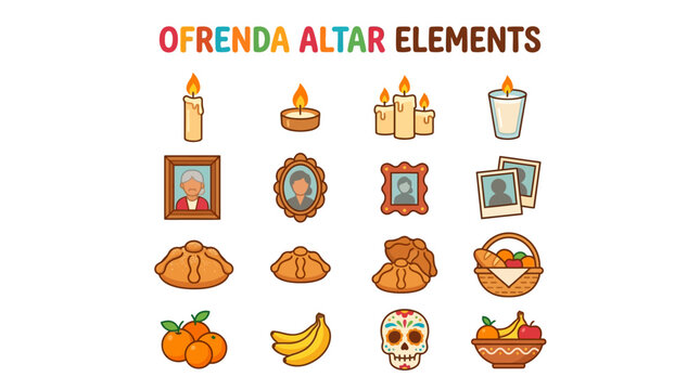 Ofrenda altar elements icons with food, candles, photos, and skull on table