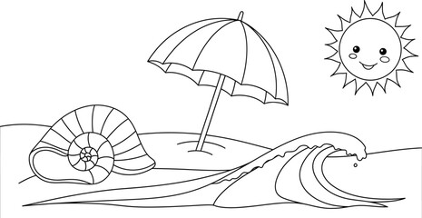 Beach scene outline with parasol seashell sun and wave black and white © BAkter