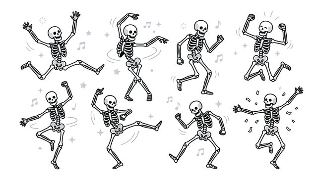 Eight skeletons dance in various energetic poses with music notes around them in an empty space.