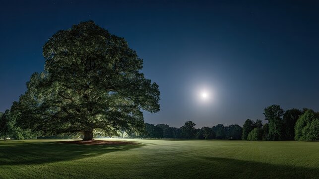 Copper Beech - Majestic Full Moonlit Summer Night Park Landscape Scenery