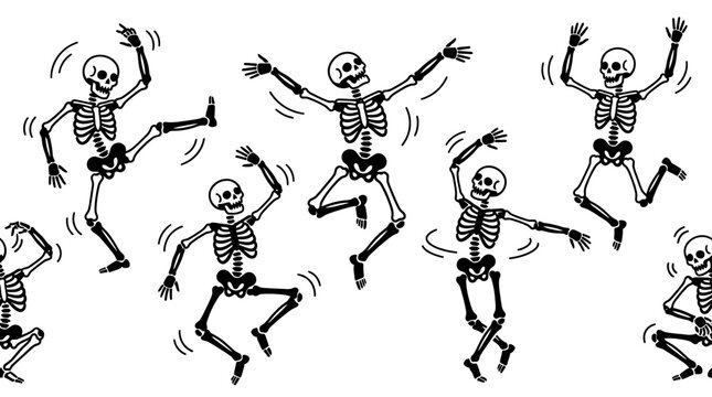 Dancing skeletons perform lively movements in a joyful celebration with food and drinks