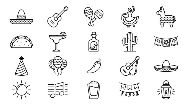 Music festival icons with speakers and notes at outdoor event with food and drinks