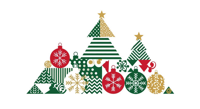 Festive Christmas Tree Collage with Ornaments and Snowflakes - Green, Red, Gold