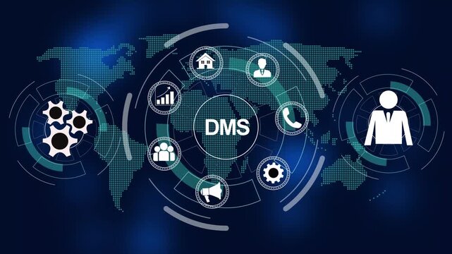 Document management system dms concept featuring interactive digital interface with global network connectivity, business automation data integration, corporate workflow optimization, and tech