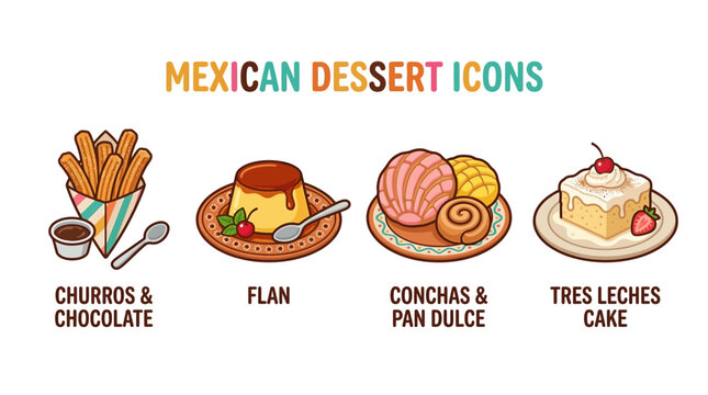 Mexican dessert icons featuring churros flan conchas and tres leches cake