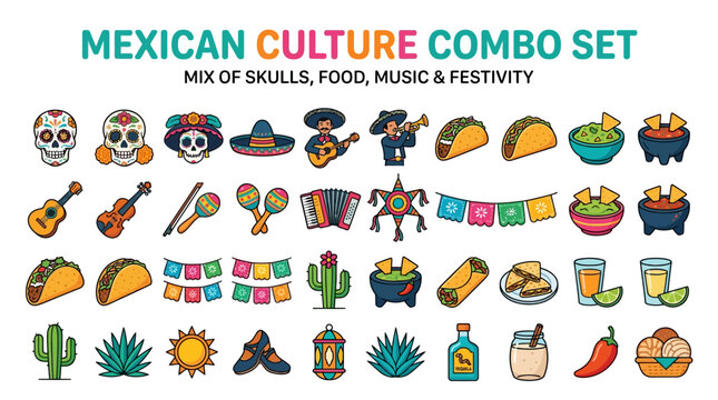 Vibrant Mexican festival scene with skulls, drums, food, and cacti icons combined